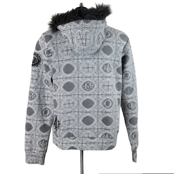 VOLCOM Hoodie Grey Zip Up Faux Fur Size Large - Picture 3 of 10